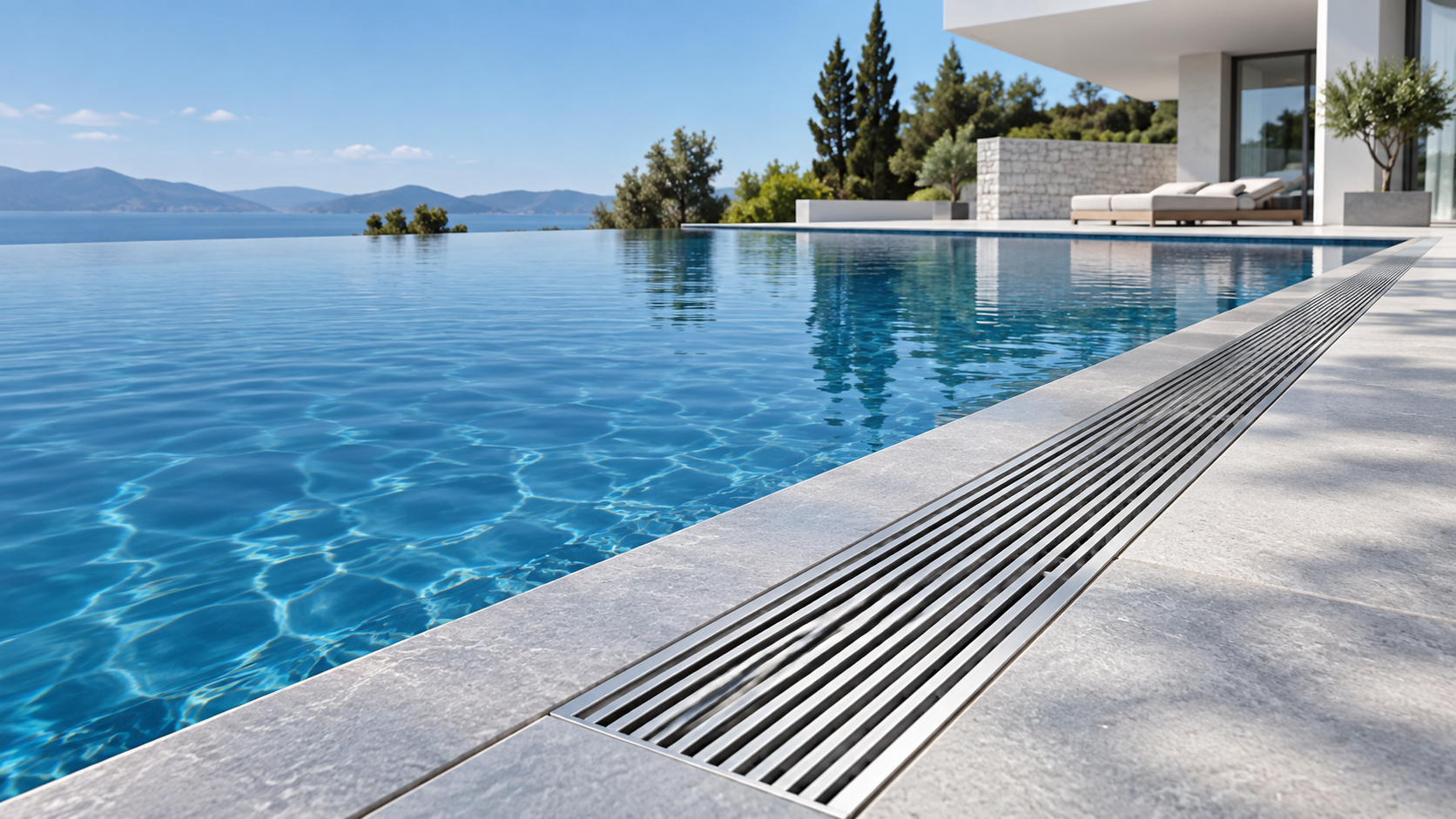 Illustrative swimming pool scene with stainless steel parallel-bar grating along the pool deck